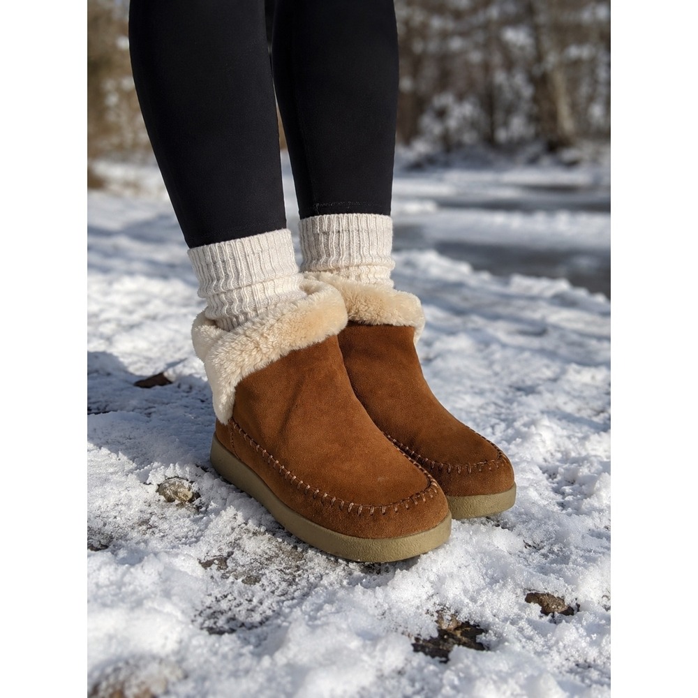 Sanuk Puff N Chill Boots Womens 7 Brown Suede Faux Shearling Moccasin Ankle Boot